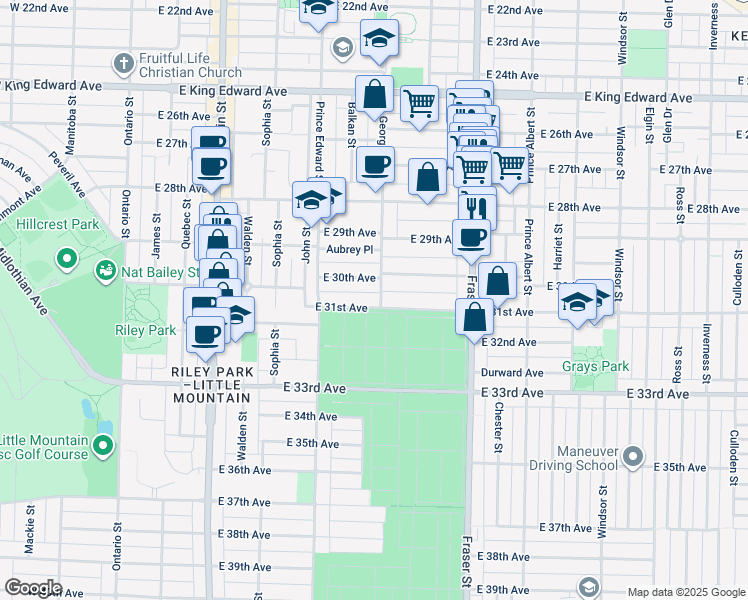 map of restaurants, bars, coffee shops, grocery stores, and more near 487 East 31st Avenue in Vancouver