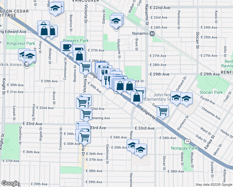 map of restaurants, bars, coffee shops, grocery stores, and more near 2220 Kingsway in Vancouver