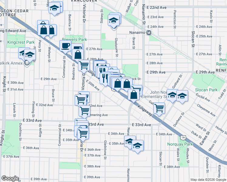map of restaurants, bars, coffee shops, grocery stores, and more near 2220 Kingsway in Vancouver