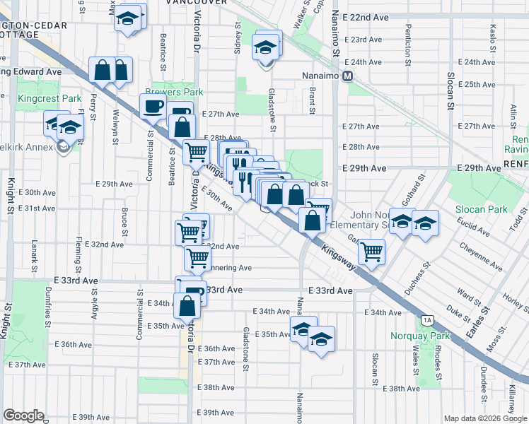 map of restaurants, bars, coffee shops, grocery stores, and more near in Vancouver
