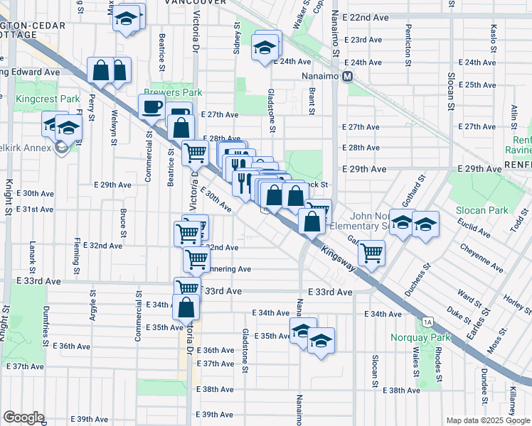 map of restaurants, bars, coffee shops, grocery stores, and more near 2220 Kingsway in Vancouver