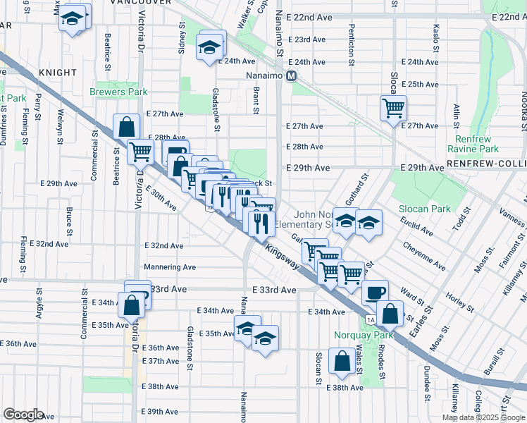 map of restaurants, bars, coffee shops, grocery stores, and more near 4695 Nanaimo Street in Vancouver
