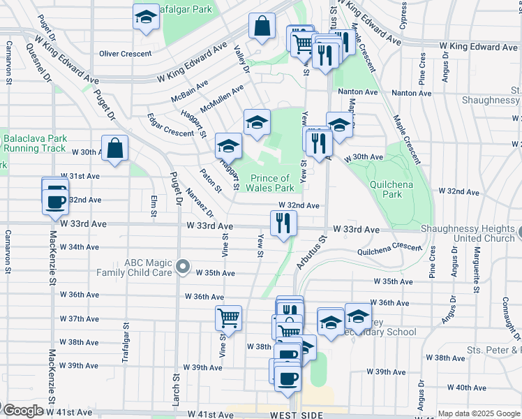 map of restaurants, bars, coffee shops, grocery stores, and more near 2208 West 32nd Avenue in Vancouver