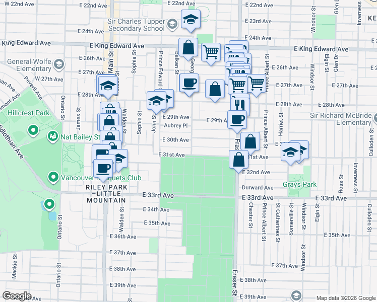 map of restaurants, bars, coffee shops, grocery stores, and more near 4675 Saint George Street in Vancouver