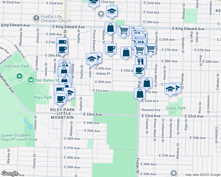 map of restaurants, bars, coffee shops, grocery stores, and more near 4675 Saint George Street in Vancouver