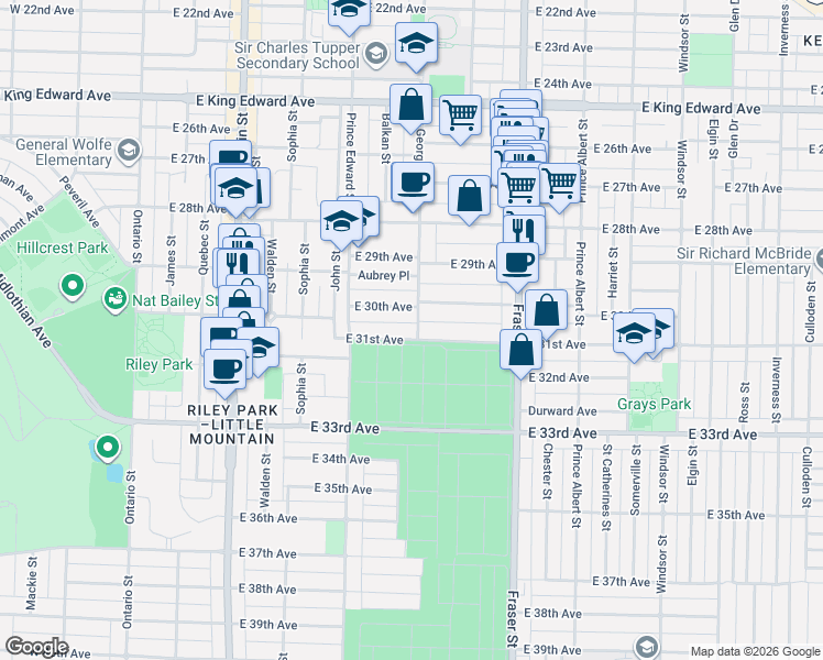 map of restaurants, bars, coffee shops, grocery stores, and more near 4675 Saint George Street in Vancouver