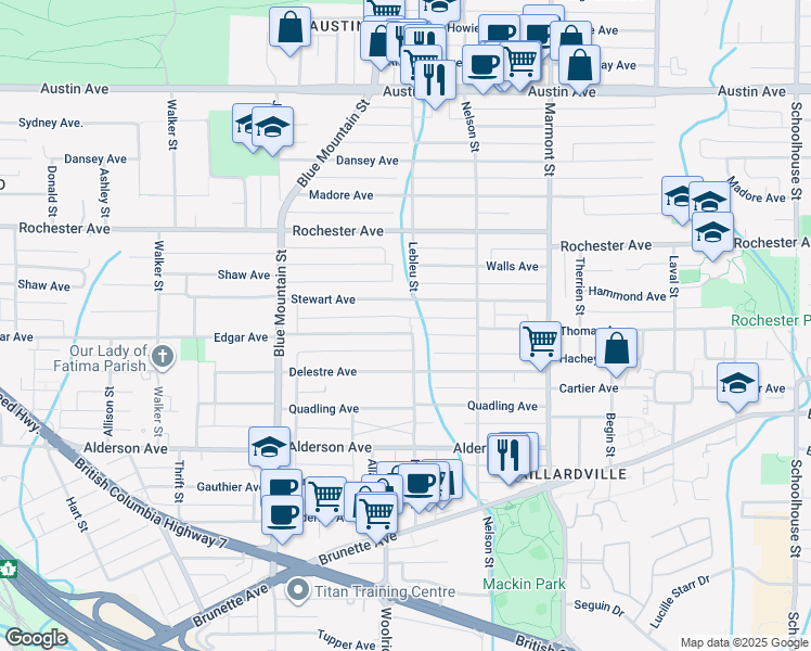 map of restaurants, bars, coffee shops, grocery stores, and more near 975 Edgar Avenue in Coquitlam