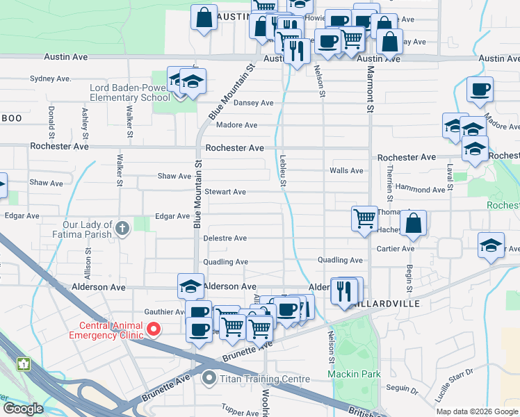 map of restaurants, bars, coffee shops, grocery stores, and more near 957 Edgar Avenue in Coquitlam