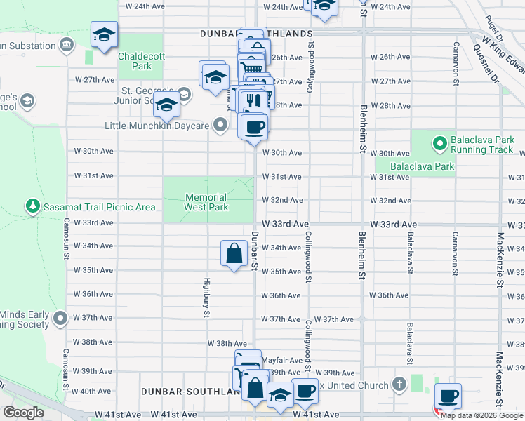 map of restaurants, bars, coffee shops, grocery stores, and more near in Vancouver
