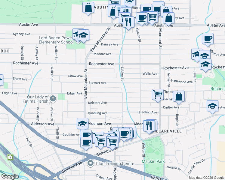 map of restaurants, bars, coffee shops, grocery stores, and more near 957 Edgar Avenue in Coquitlam