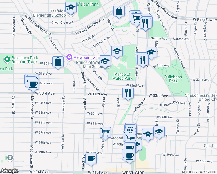 map of restaurants, bars, coffee shops, grocery stores, and more near 2296 West 32nd Avenue in Vancouver