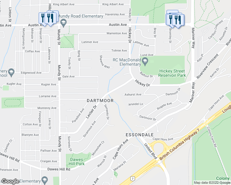 map of restaurants, bars, coffee shops, grocery stores, and more near 2436 Leclair Drive in Coquitlam