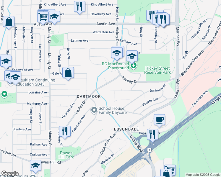 map of restaurants, bars, coffee shops, grocery stores, and more near 2507 Ashurst Avenue in Coquitlam