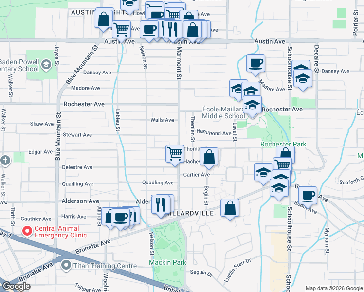 map of restaurants, bars, coffee shops, grocery stores, and more near 329 Marmont Street in Coquitlam