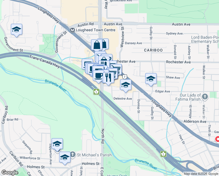 map of restaurants, bars, coffee shops, grocery stores, and more near 318 Alderson Avenue in Coquitlam