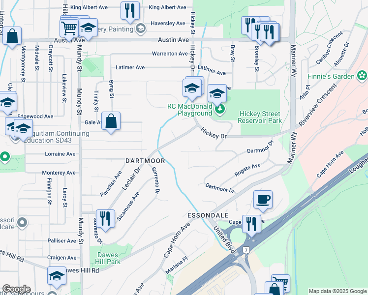 map of restaurants, bars, coffee shops, grocery stores, and more near 2509 Ashurst Avenue in Coquitlam