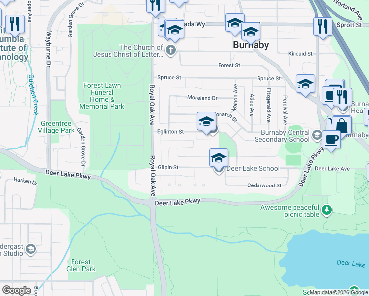 map of restaurants, bars, coffee shops, grocery stores, and more near 5382 Ivar Place in Burnaby