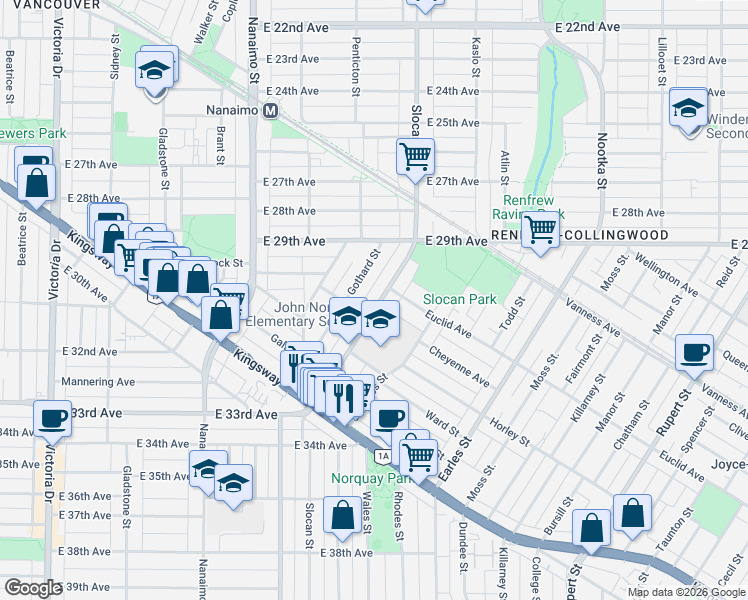 map of restaurants, bars, coffee shops, grocery stores, and more near 4657 Slocan Street in Vancouver