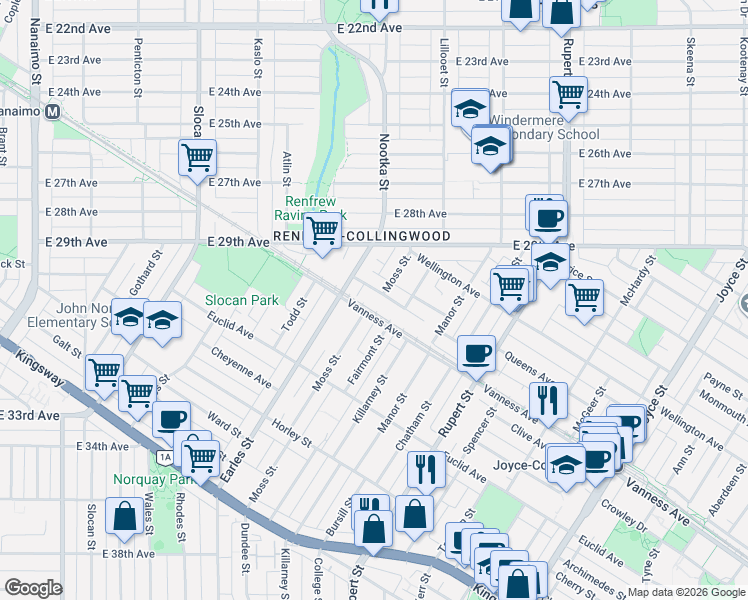 map of restaurants, bars, coffee shops, grocery stores, and more near 3034 Kings Avenue in Vancouver