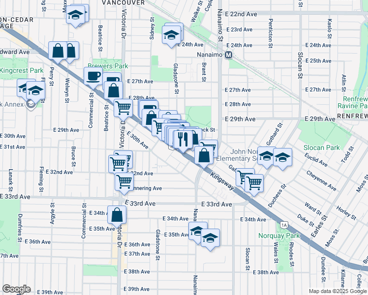 map of restaurants, bars, coffee shops, grocery stores, and more near in Vancouver