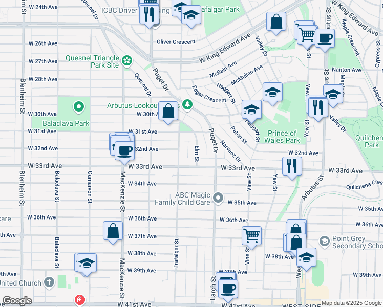 map of restaurants, bars, coffee shops, grocery stores, and more near 4831 Elm Street in Vancouver