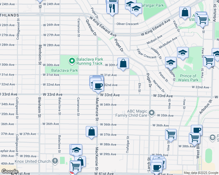 map of restaurants, bars, coffee shops, grocery stores, and more near 2820 West 32nd Avenue in Vancouver