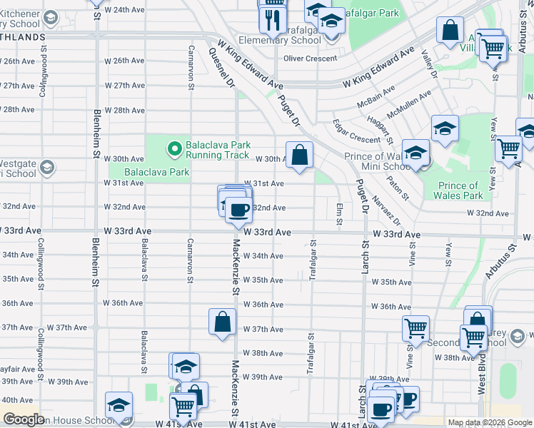 map of restaurants, bars, coffee shops, grocery stores, and more near 2820 West 32nd Avenue in Vancouver