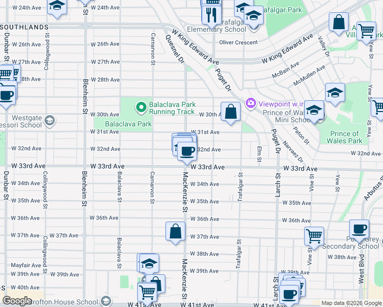 map of restaurants, bars, coffee shops, grocery stores, and more near 2886 West 32nd Avenue in Vancouver