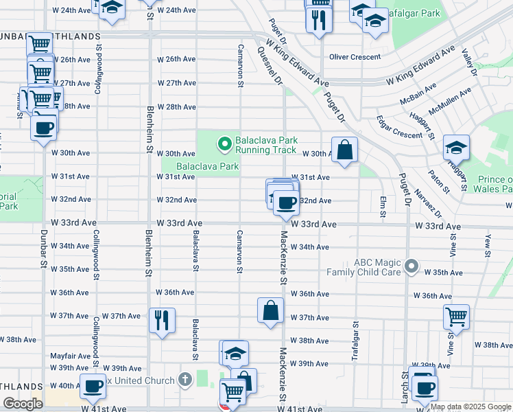 map of restaurants, bars, coffee shops, grocery stores, and more near 2966 West 32nd Avenue in Vancouver