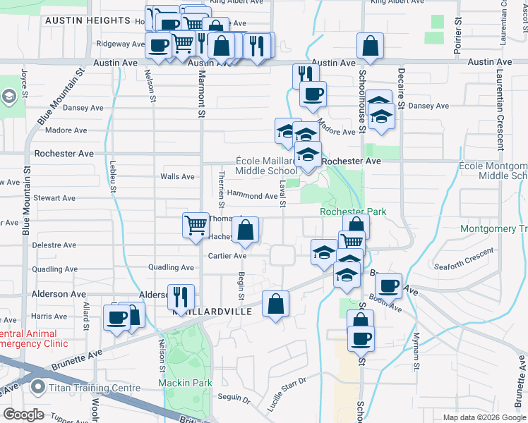 map of restaurants, bars, coffee shops, grocery stores, and more near 1211 Thomas Avenue in Coquitlam