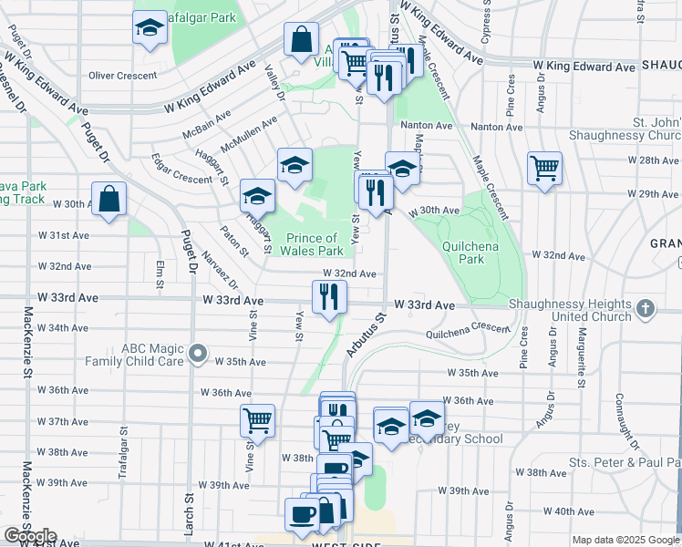 map of restaurants, bars, coffee shops, grocery stores, and more near Yew Street in Vancouver