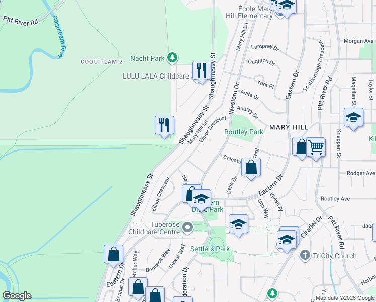 map of restaurants, bars, coffee shops, grocery stores, and more near 1535 Elinor Crescent in Port Coquitlam