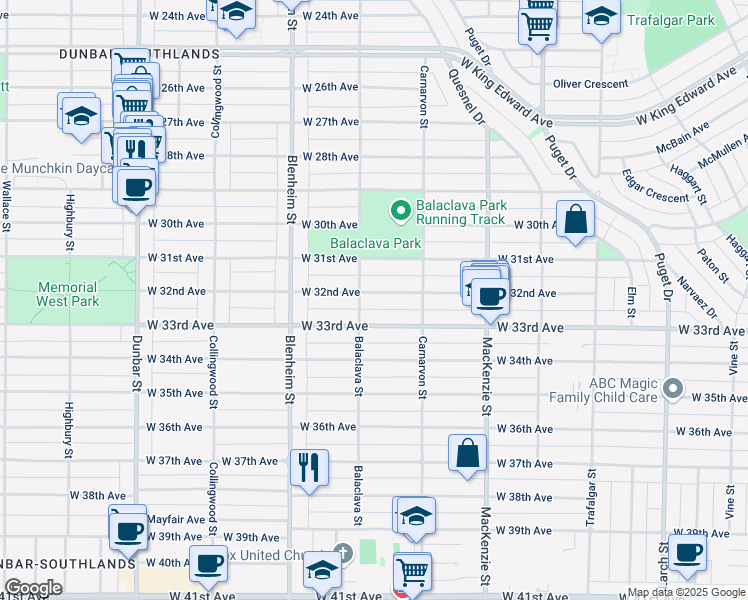 map of restaurants, bars, coffee shops, grocery stores, and more near 3158 West 32nd Avenue in Vancouver