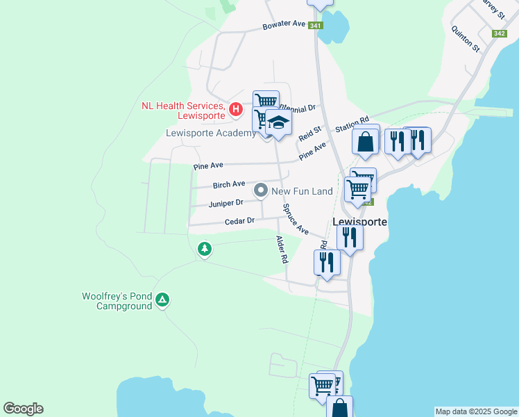 map of restaurants, bars, coffee shops, grocery stores, and more near Juniper Drive in Lewisporte