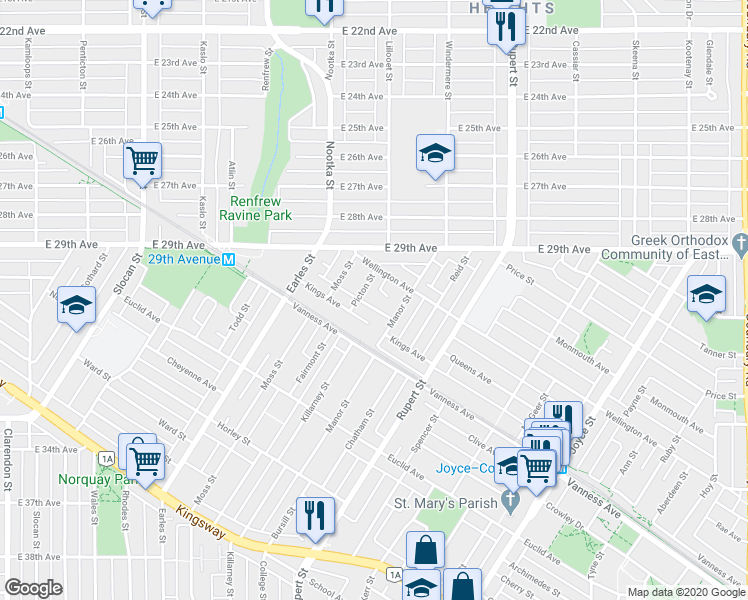 map of restaurants, bars, coffee shops, grocery stores, and more near 2245 Queens Avenue in Vancouver
