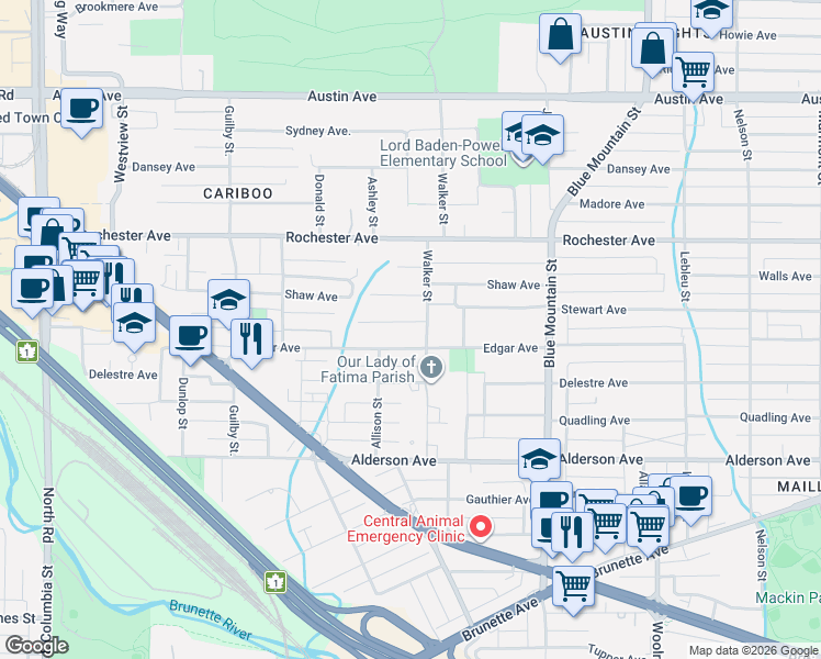 map of restaurants, bars, coffee shops, grocery stores, and more near 760 Shaw Avenue in Coquitlam