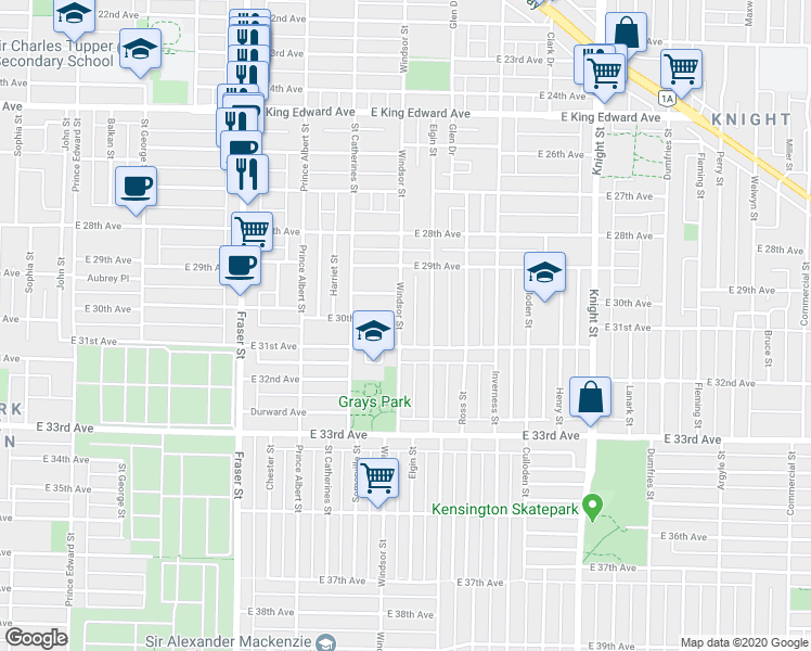 map of restaurants, bars, coffee shops, grocery stores, and more near 4626 Windsor Street in Vancouver