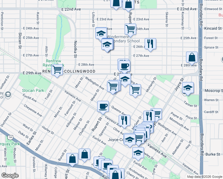 map of restaurants, bars, coffee shops, grocery stores, and more near 4676 Reid Street in Vancouver