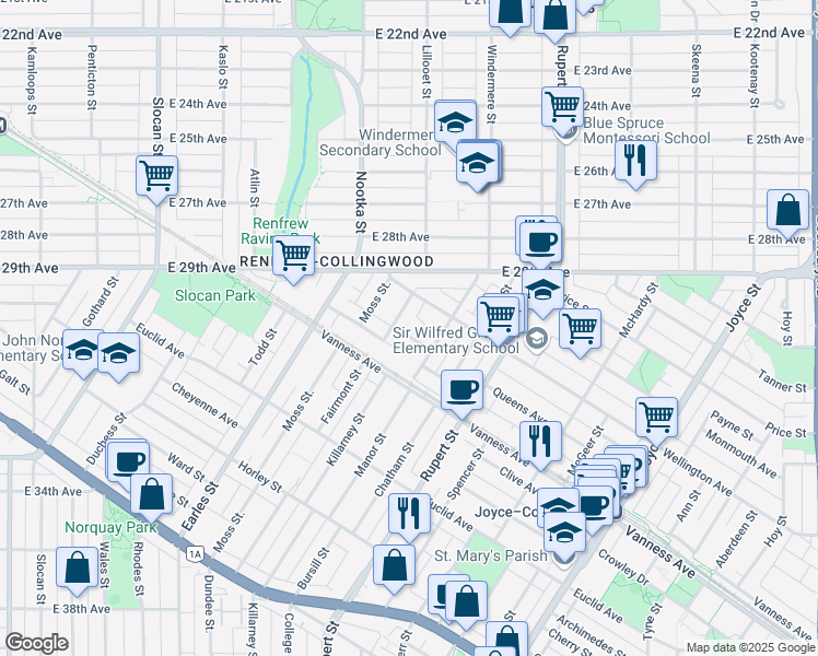map of restaurants, bars, coffee shops, grocery stores, and more near 2575 Queens Avenue in Vancouver