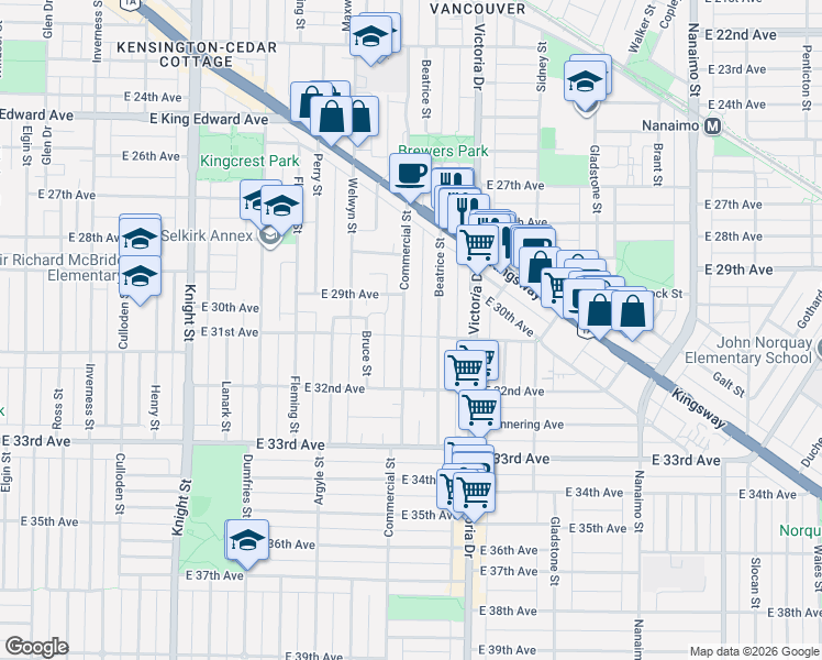 map of restaurants, bars, coffee shops, grocery stores, and more near 4676 Commercial Street in Vancouver