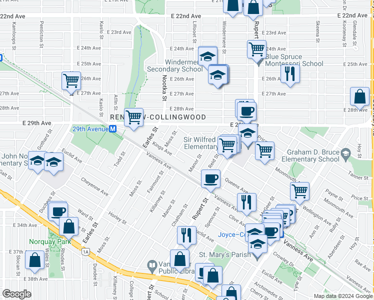 map of restaurants, bars, coffee shops, grocery stores, and more near 2171 Queens Avenue in Vancouver