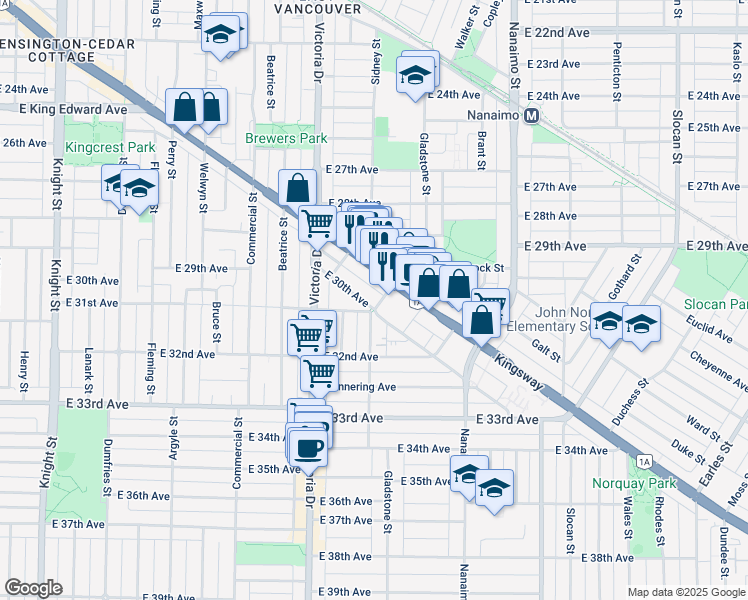 map of restaurants, bars, coffee shops, grocery stores, and more near 4675 Gladstone Street in Vancouver