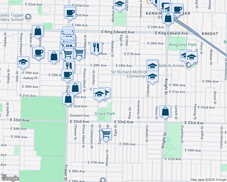map of restaurants, bars, coffee shops, grocery stores, and more near 4626 Windsor Street in Vancouver
