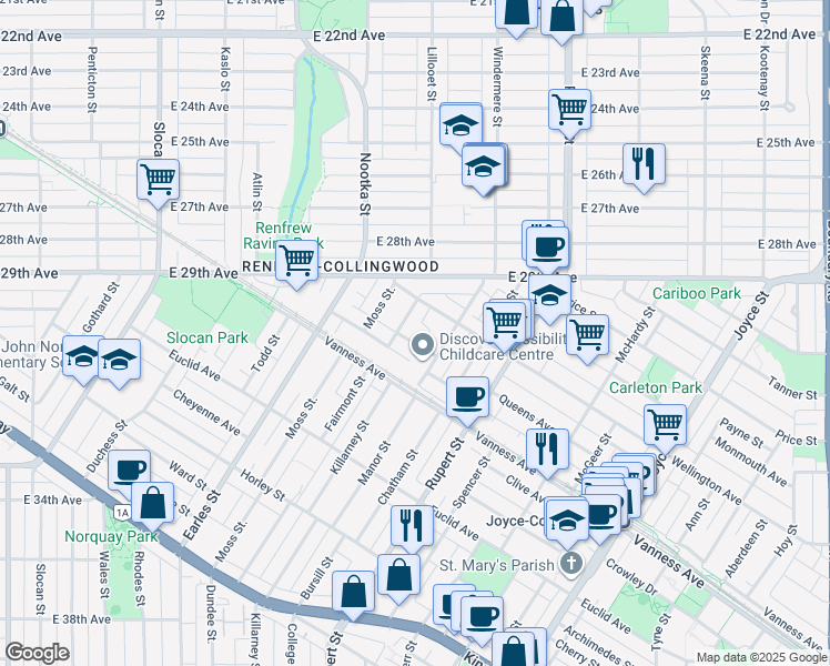 map of restaurants, bars, coffee shops, grocery stores, and more near 2295 Queens Avenue in Vancouver