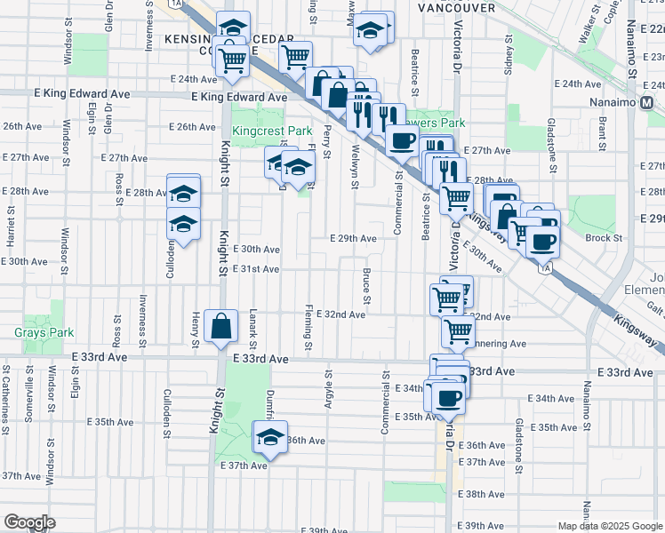 map of restaurants, bars, coffee shops, grocery stores, and more near 4681 Argyle Street in Vancouver