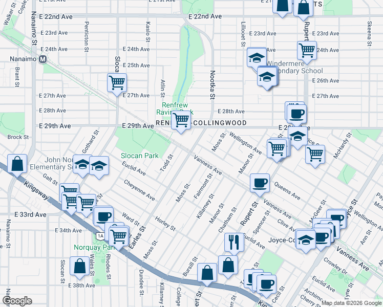 map of restaurants, bars, coffee shops, grocery stores, and more near 206 Vanness Avenue in Vancouver