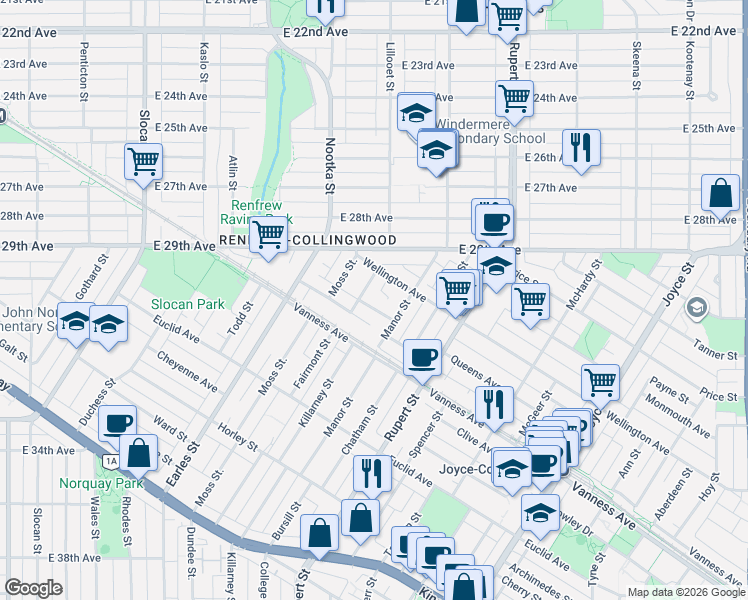 map of restaurants, bars, coffee shops, grocery stores, and more near 2365 Queens Avenue in Vancouver