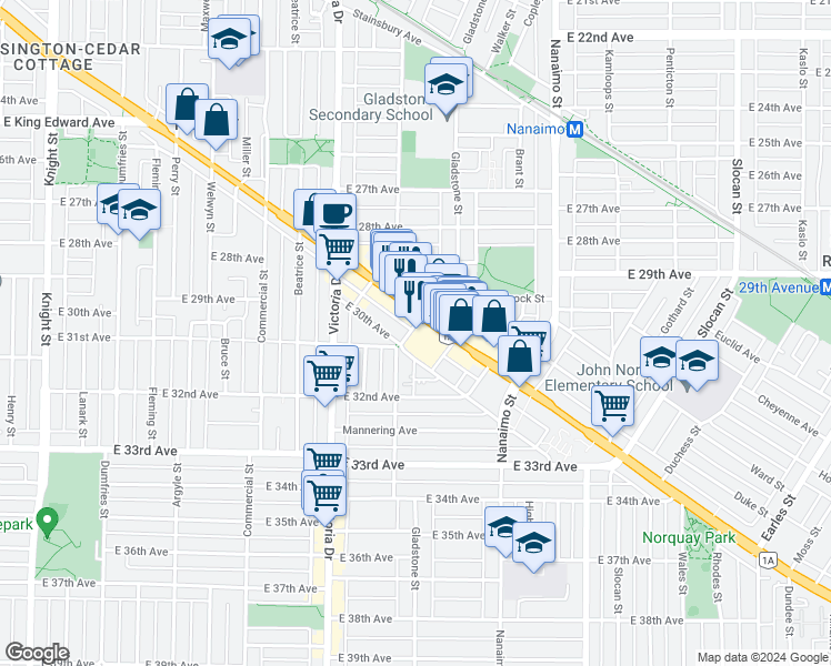 map of restaurants, bars, coffee shops, grocery stores, and more near 4638 Gladstone Street in Vancouver