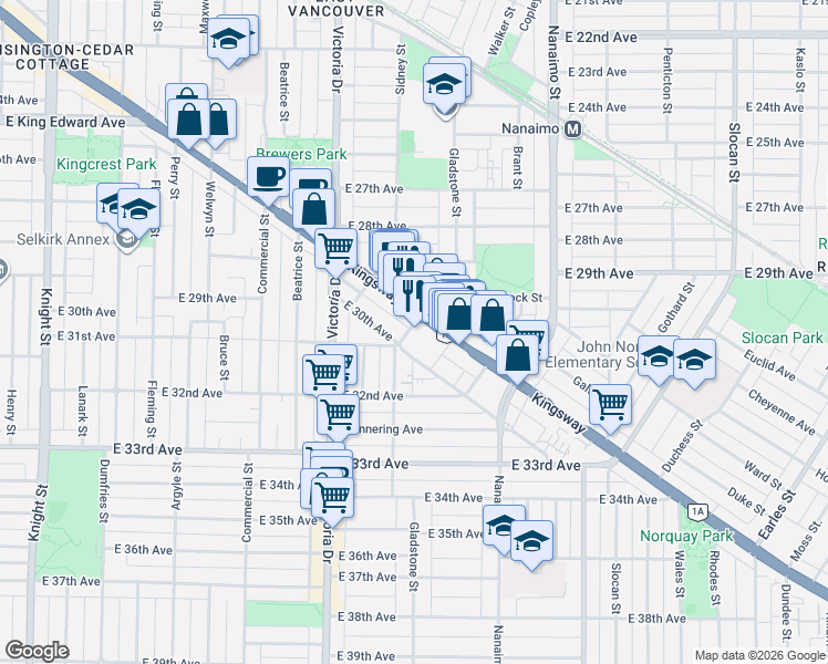 map of restaurants, bars, coffee shops, grocery stores, and more near 4638 Gladstone Street in Vancouver