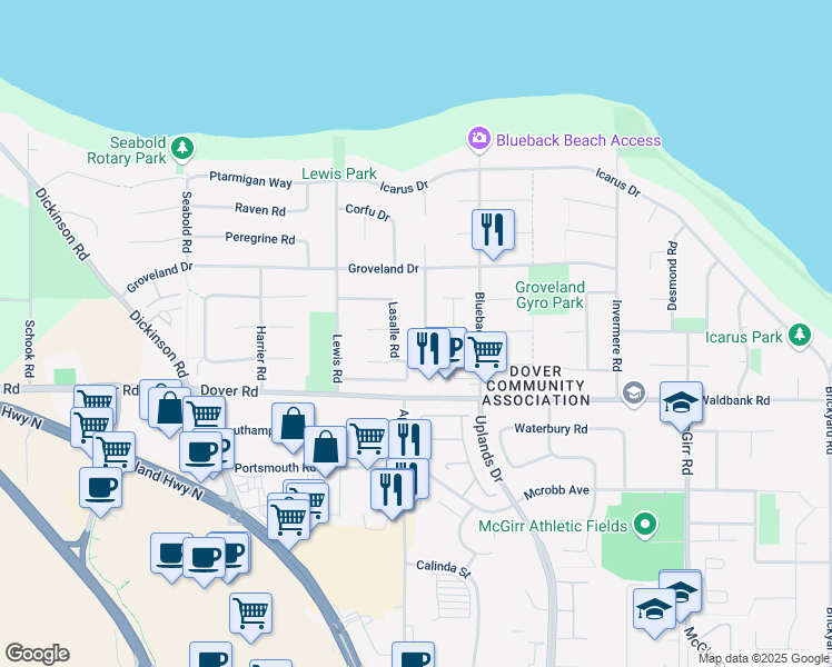 map of restaurants, bars, coffee shops, grocery stores, and more near 6355 Lasalle Road in Nanaimo